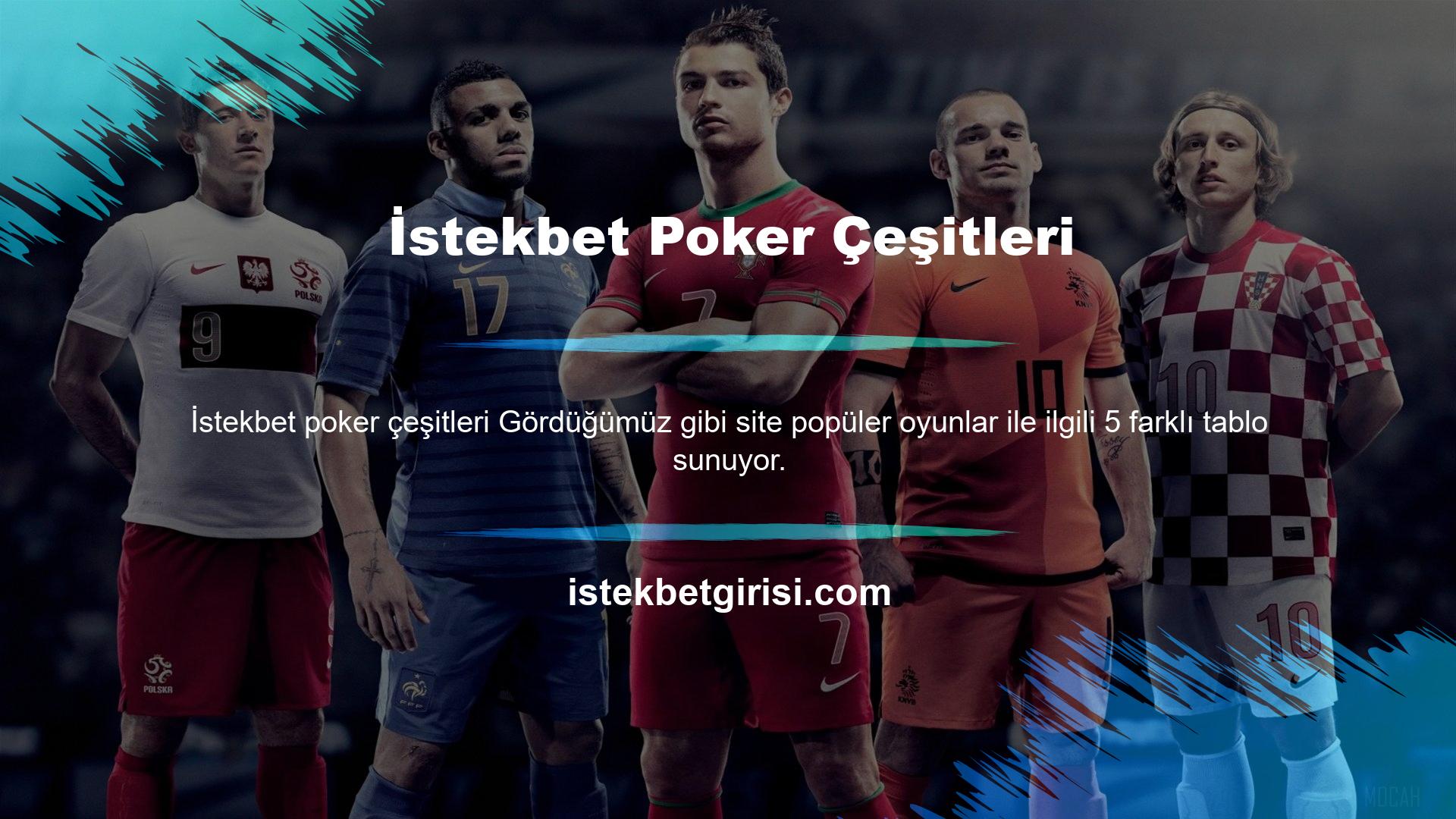 Caribbean Stud ve Casino Hold'em, Limit Hold'em, Three Card Poker ve Turkish Live Hold'em gibi oyun türleri bulunmaktadır